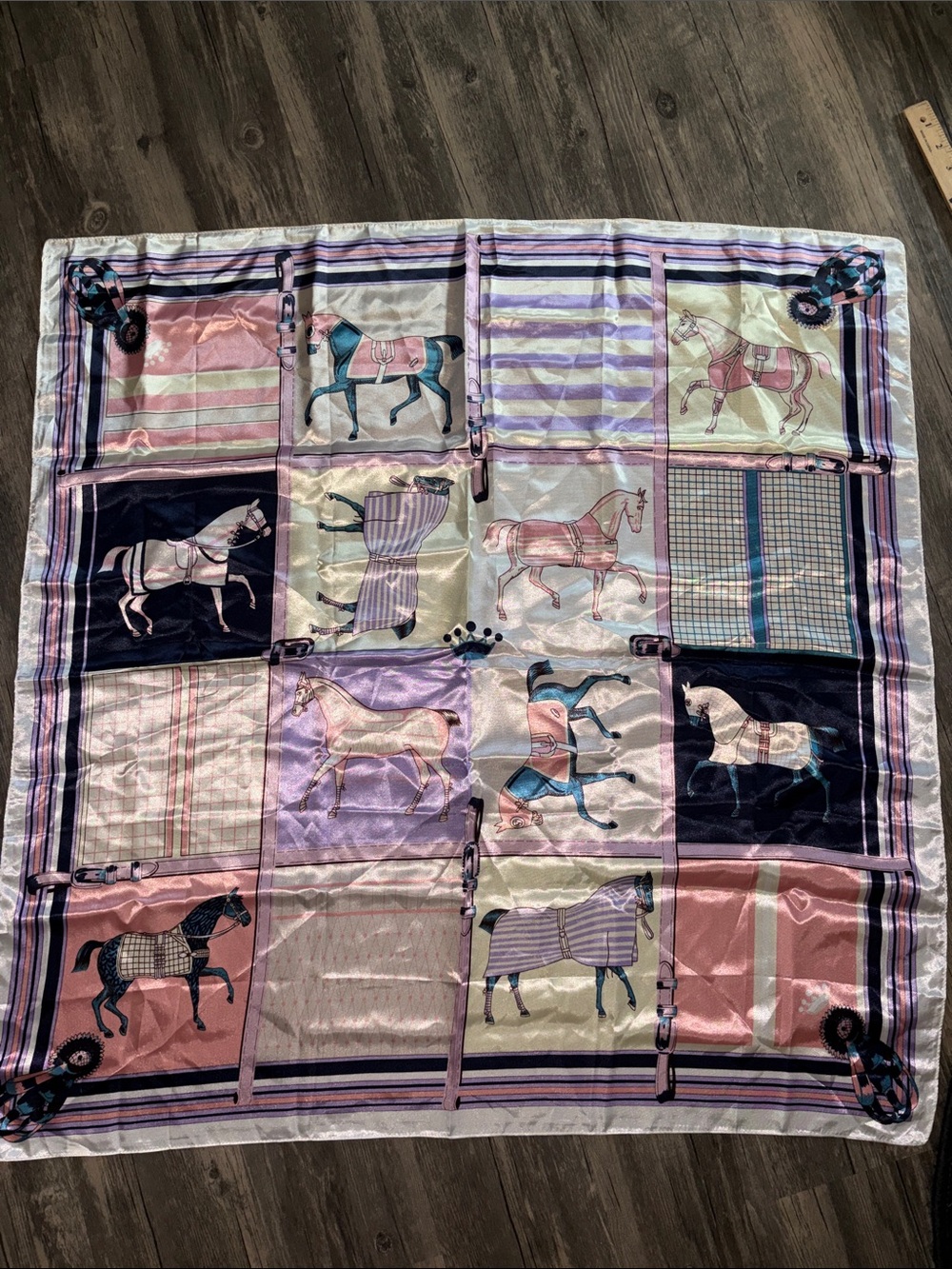 Vintage Silky equestrian-Print Decorative Scarf in Pink, Lavender, Navy